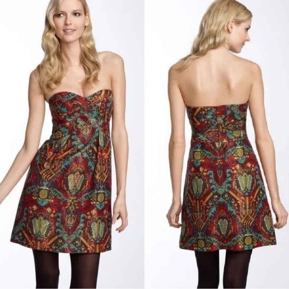 Nanette Lepore Teal Burgundy Aztec Mini Strapless Dress 6